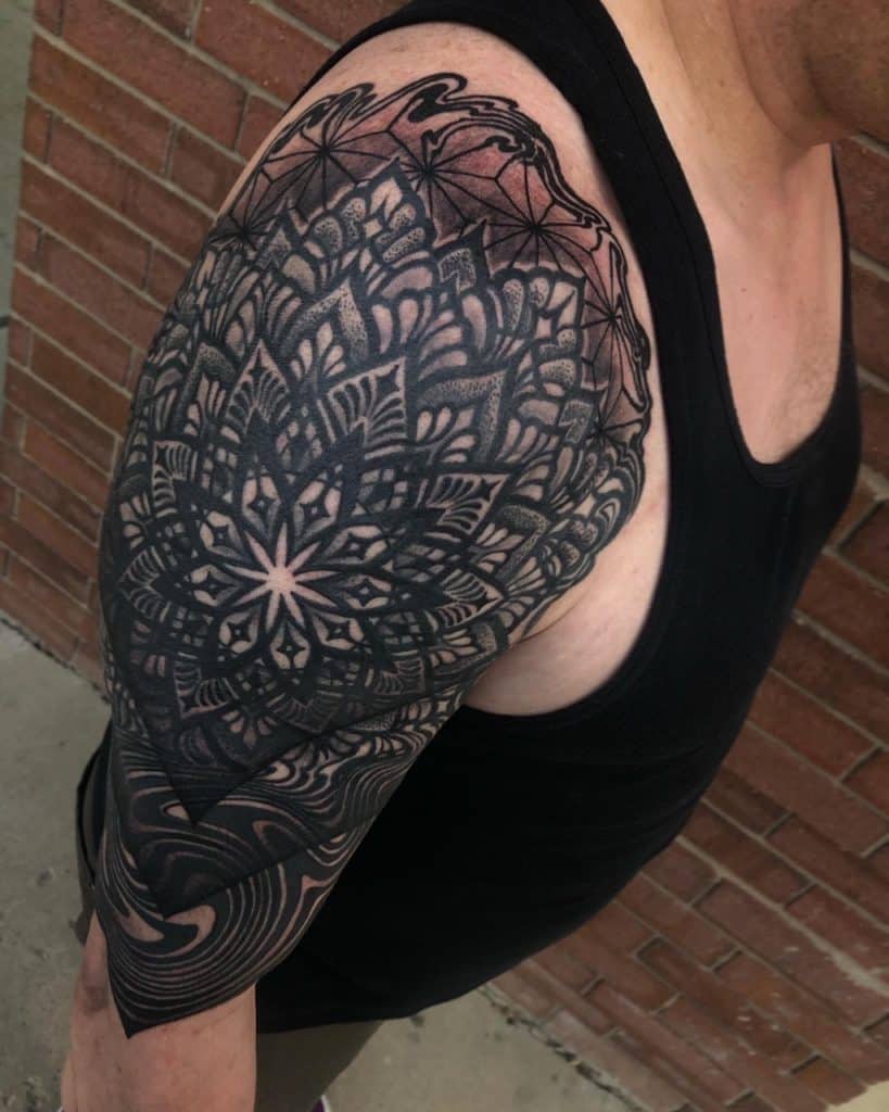 Mandala shoulder tattoo by Christina