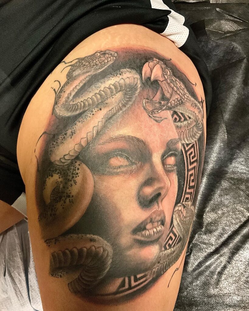 Rob did this tattoo of the mythological gorgon, Medusa.