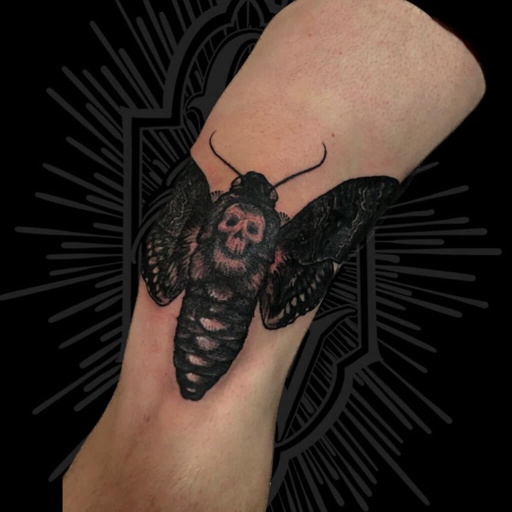 The season of fall is beautifully represented with this tattoo of a Death's Head Moth by Christina.