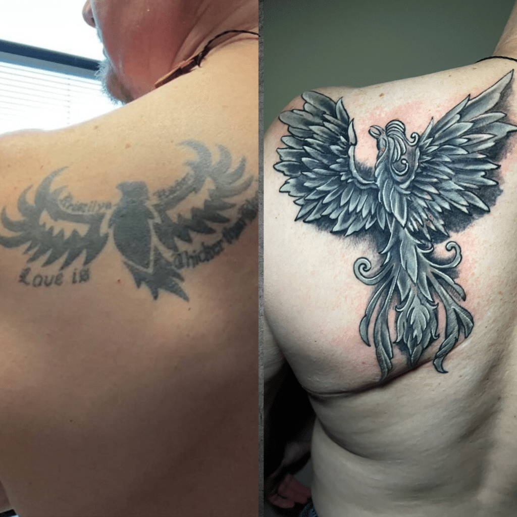 A tattoo regret that Pineapple was happy to fix with this great phoenix cover-up.