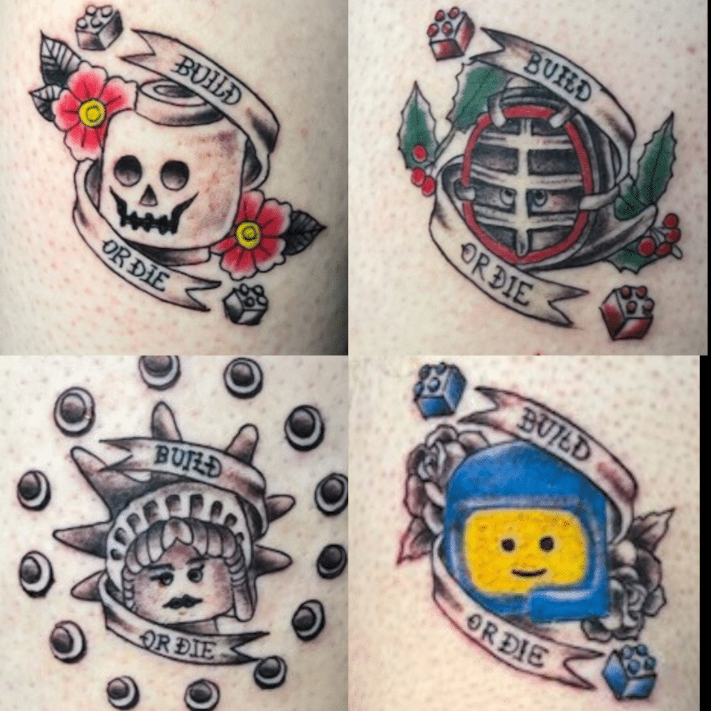 Some tattoos are done as a group, as seen in these matching Legoman head tattoos done for a group of friends, by Pineapple.