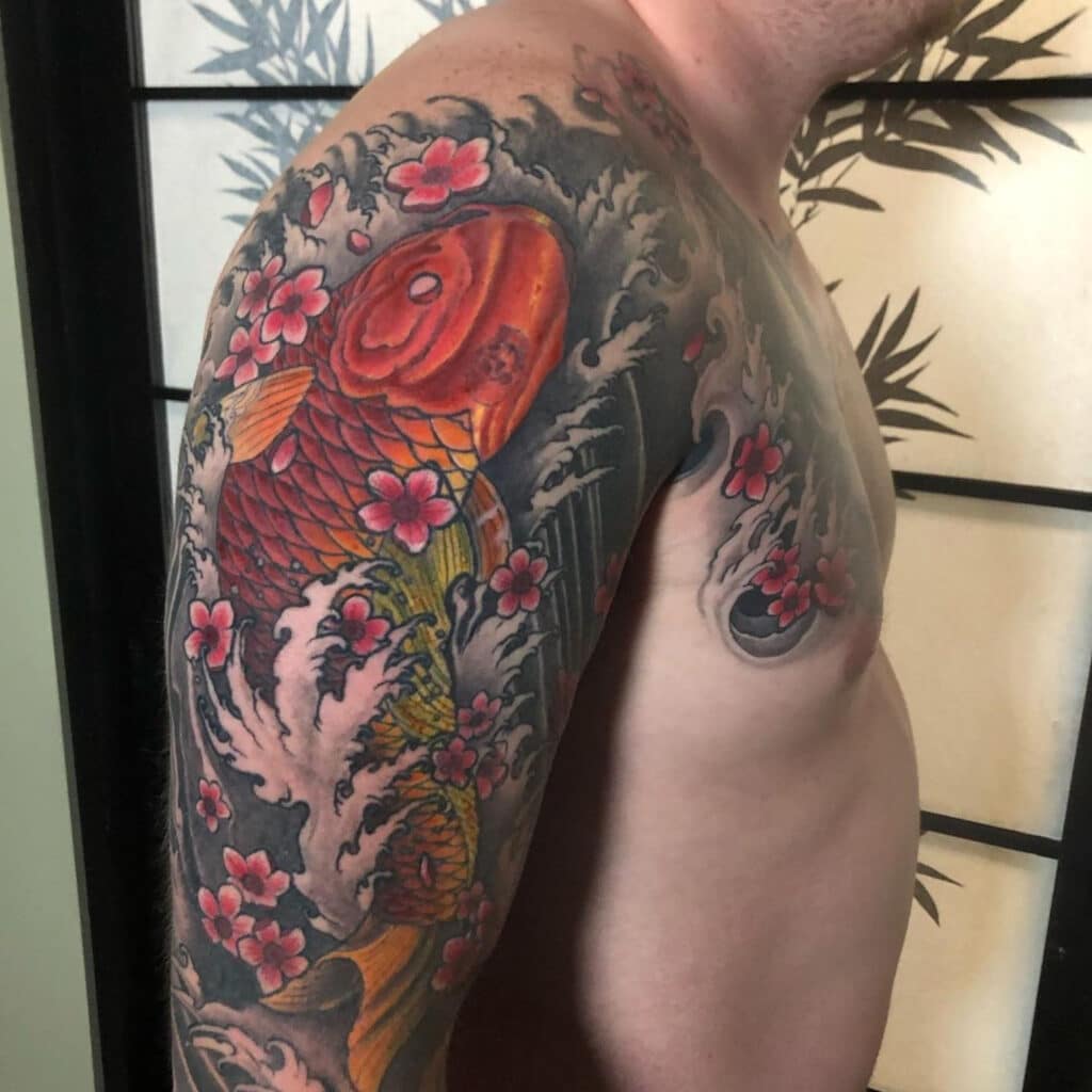 Jareds tattoo of a koi fish, the koi being one of the more popular Japanese tattoo designs.