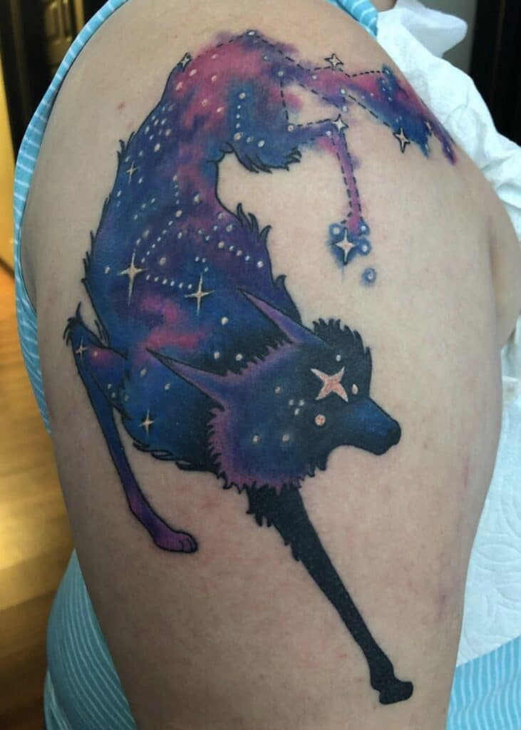 One of the many possible designs for a wolf tattoo, like this constellation piece by Leah